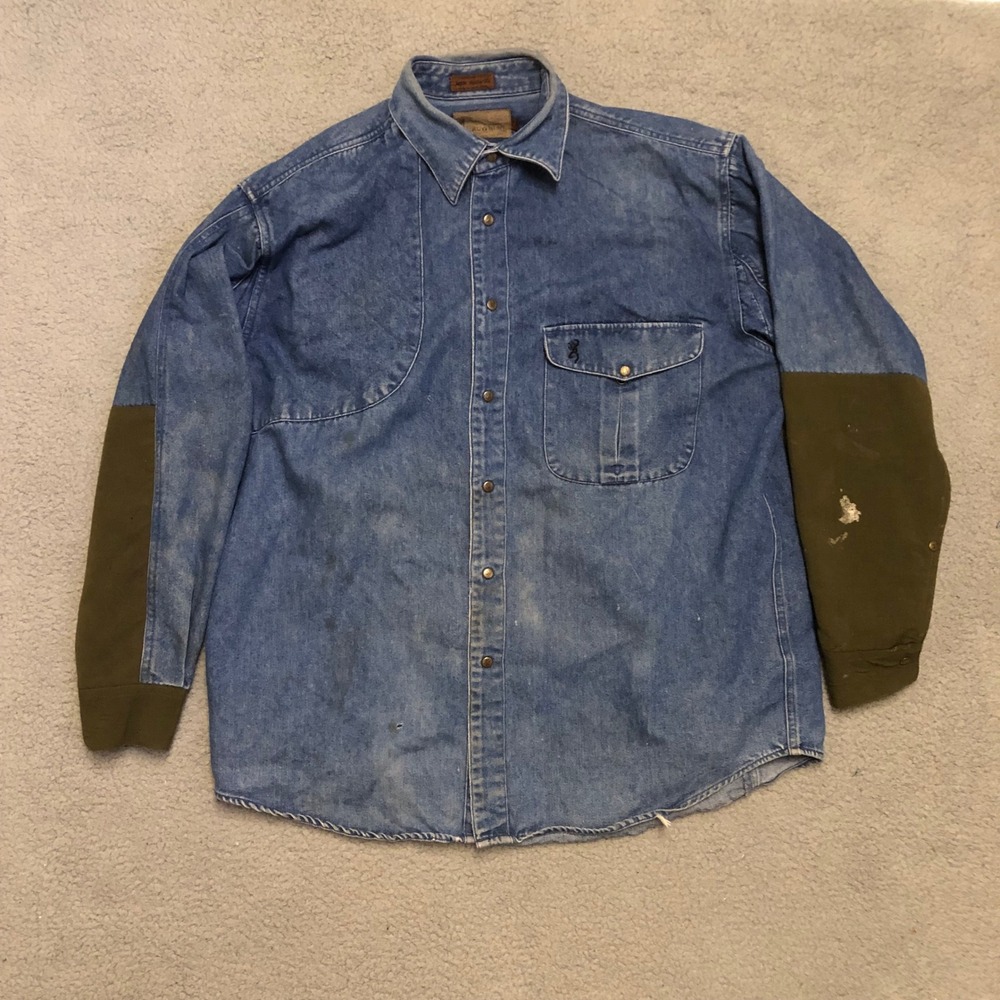 Vintage Browning Super Naturals Denim Shooting Shirt Mens XL Blue Canvas Patches